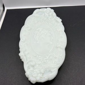 Vintage Fostoria Jenny Lind milk glass cameo vanity dresser  tray
